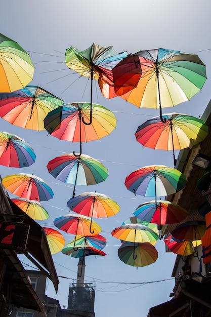 colorful umbrellas used in the sky street decoration