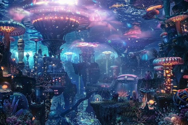 colorful underwater cityscape with fantasy architecture glowing lights and vibrant marine life in a dreamy aquatic world