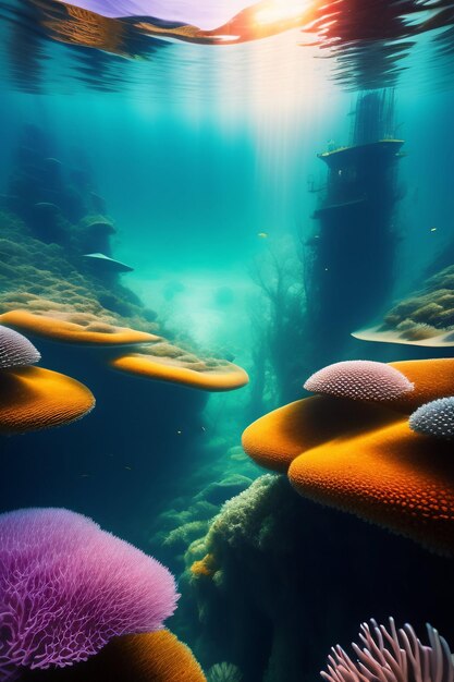 A colorful underwater scene with a building in the background.