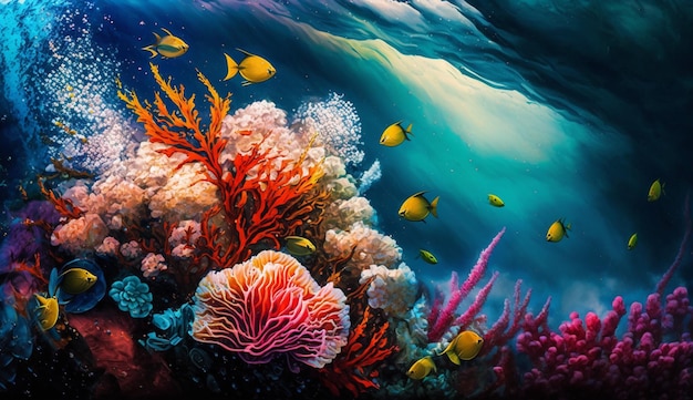 A colorful underwater scene with a coral reef and fish.