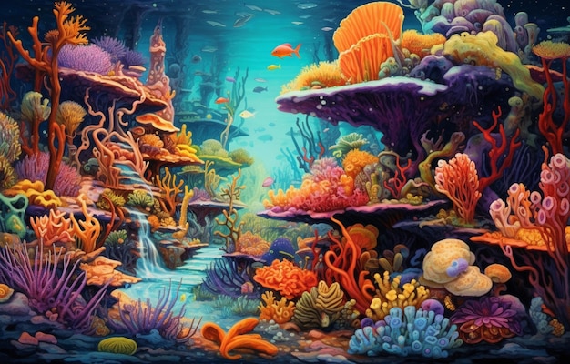 A colorful underwater scene with a coral reef and fish.