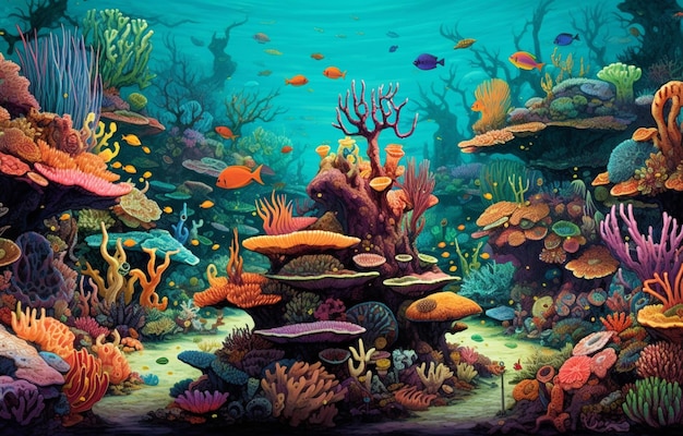 A colorful underwater scene with a fish and corals