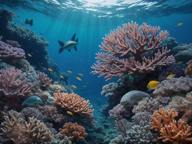 A colorful underwater scene with a fish and turtle swimming in the water