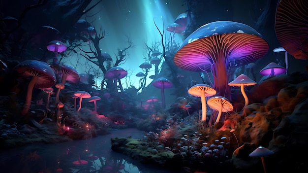 버섯과 보라색 빛이 있는 다채로운 수중 장면