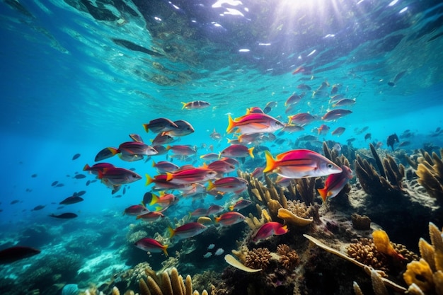 Photo colorful underwater school of fish in caribbean r