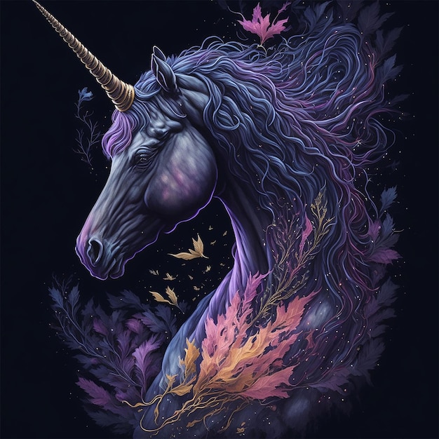 Colorful unicorn digital art vector on black background