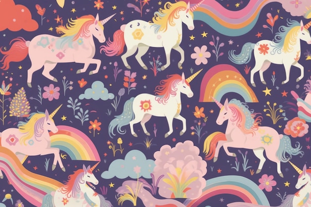 A colorful unicorn pattern with rainbows and stars.