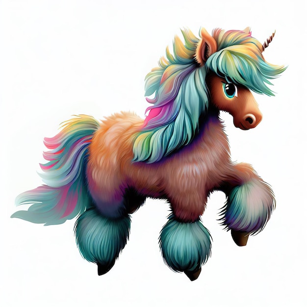 A colorful unicorn with a blue mane and tail is on a white background.