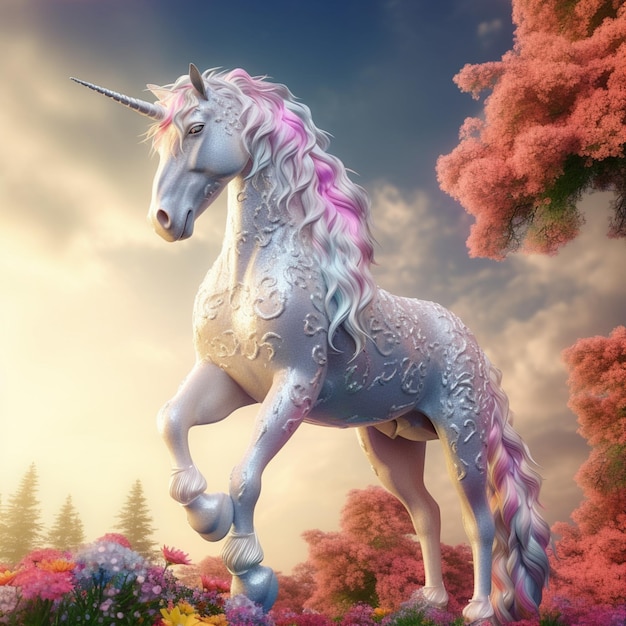 Foto unicorno colorato con fiori intorno