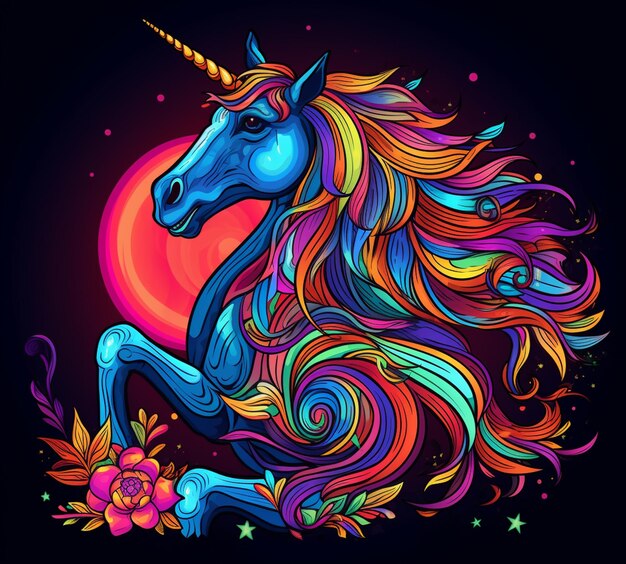 A colorful unicorn with a long mane and a flower on its head generative ai