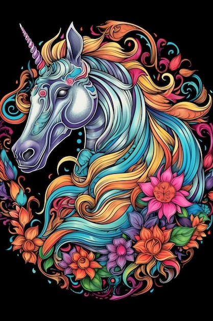 A colorful unicorn with long mane and flowers on a black background generative ai