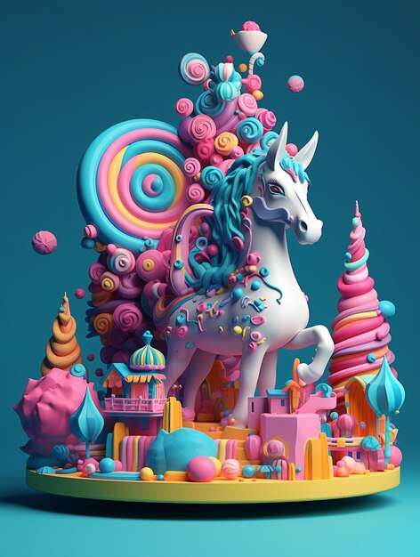 A colorful unicorn with a pink and blue mane stands in front of a colorful city.