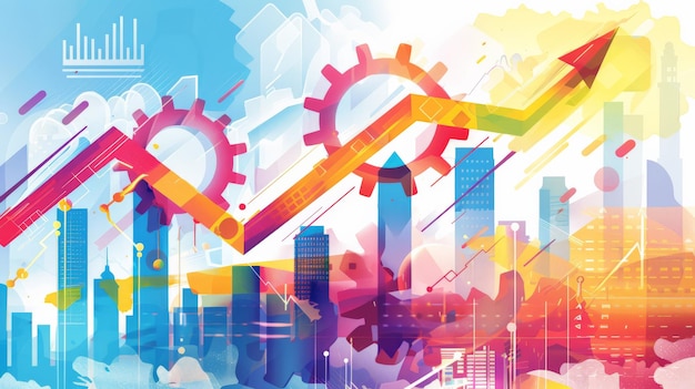 Photo colorful upward arrow with gears and modern cityscape in abstract style represents business growth