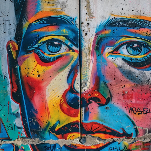 Colorful Urban Street Art Berlin Wall Graffiti of Mans Face