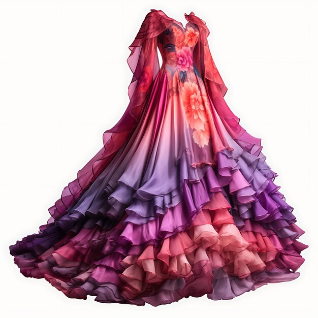 화려한 발렌시아 Fallera 드레스 타입 가운 재료 실크 색상 컨셉 전통 의류 패션