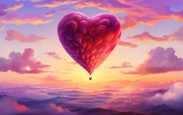 Colorful valentines background with pink hearts shaped airballoon in in the skybanner