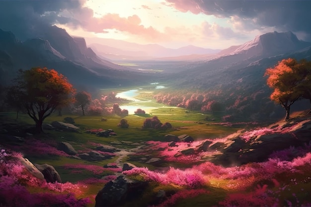 Colorful valley landscape with trees and flowers