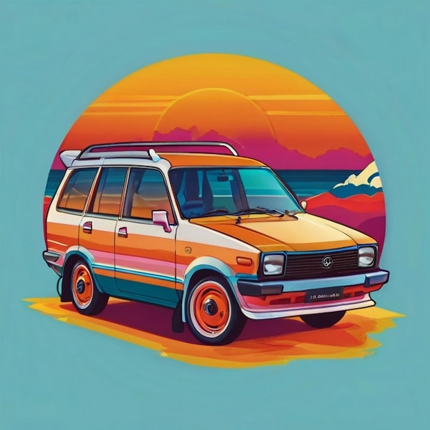 a colorful van with a sunset on the top