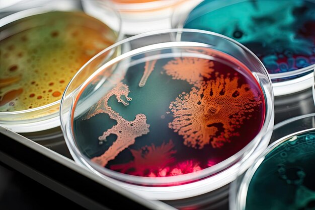 Photo colorful variety of microorganism inside petri dish plate in laboratory generative ai