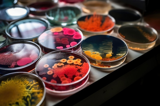 Красочное разнообразие микроорганизмов внутри чашки Петри в лаборатории Генеративный ИИ