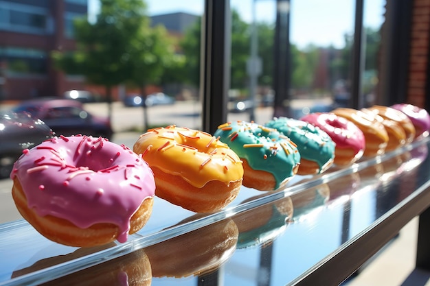 Colorful various flavor donuts with various coating and topping in a showcase