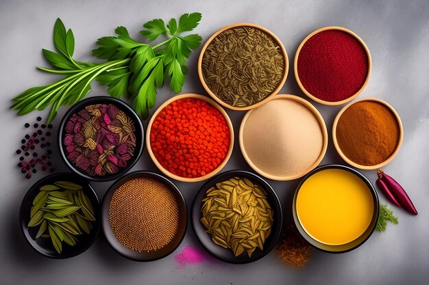 Colorful various herbs and spices for cooking