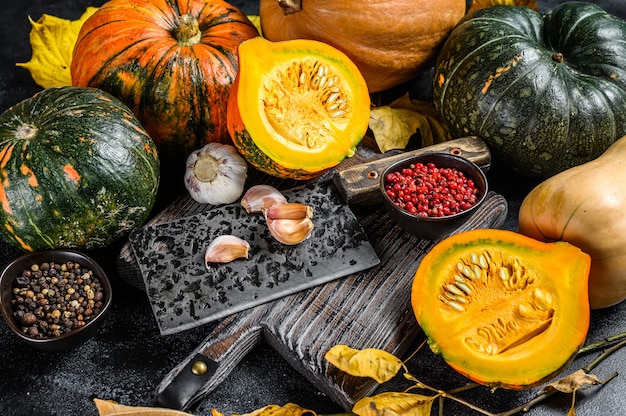 Colorful various sizes of pumpkins top view