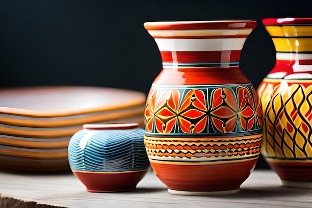 Photo a colorful vase and a blue pot sit on a table next to other pottery.