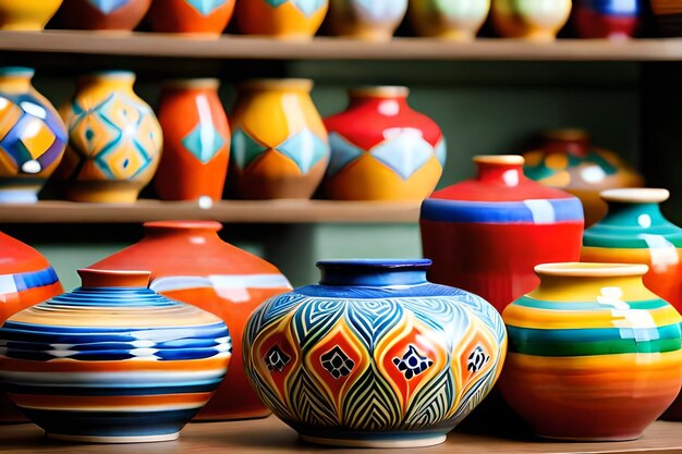 a colorful vase sits on a shelf with other colorful pottery.