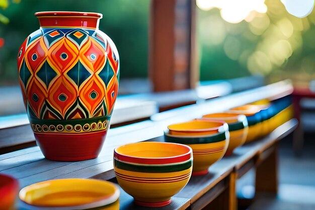 Photo a colorful vase sits on a table with other bowls.