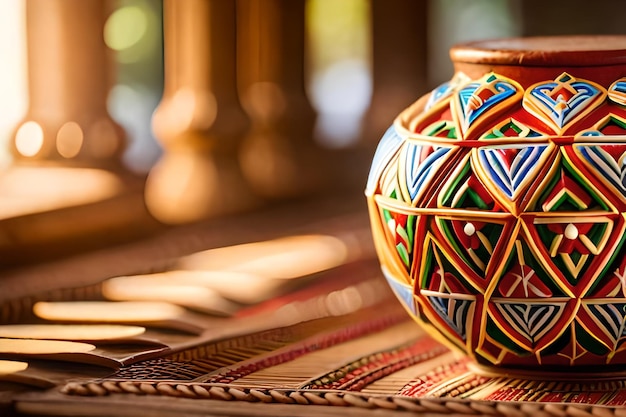 A colorful vase sits on a table with other items