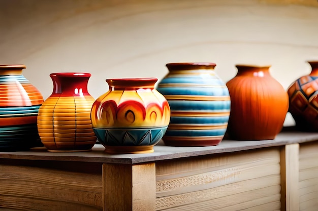 a colorful vase sits on a table with other vases.