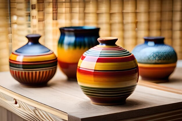 a colorful vase sits on a wooden shelf.