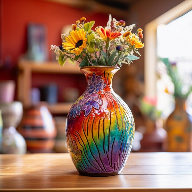 A colorful vase sits on a wooden surface with other colorful pottery