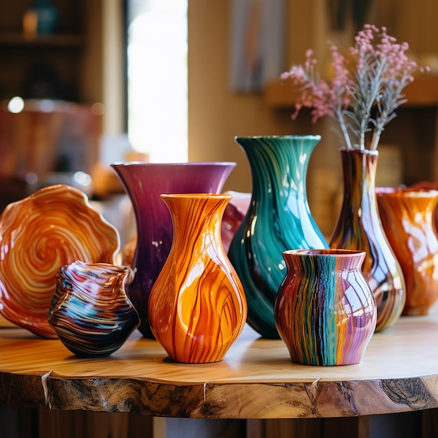 A colorful vase sits on a wooden surface with other colorful pottery