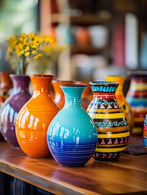 A colorful vase sits on a wooden surface with other colorful pottery