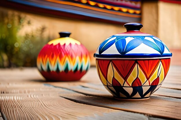 A colorful vase with a blue and red design on it