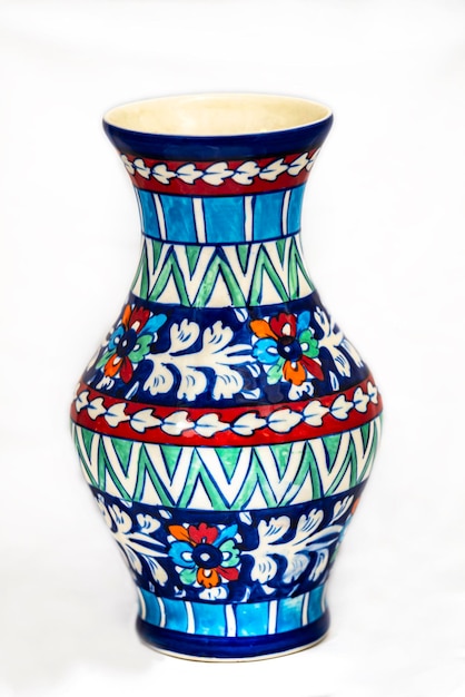 A colorful vase with a floral design is on a white background.