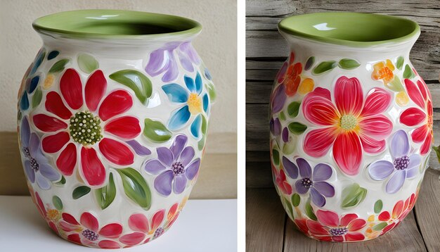 Foto un vaso colorato con fiori su di esso e la metà inferiore del fondo