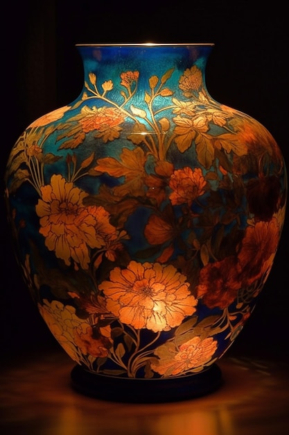 A colorful vase with flowers on it is lit up.