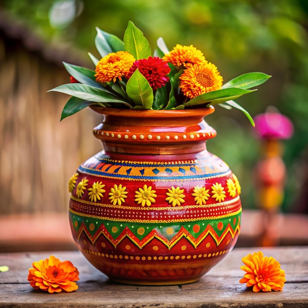 a colorful vase with flowers on it sits on a wooden table