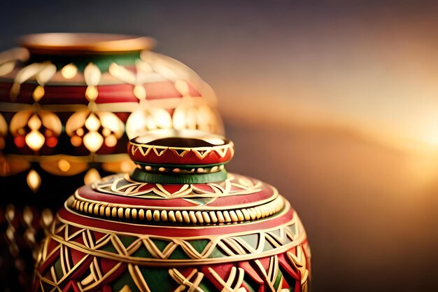 A colorful vase with a gold and green pattern on it