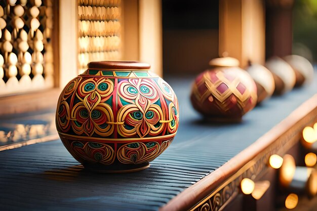 a colorful vase with a pattern of a design on it