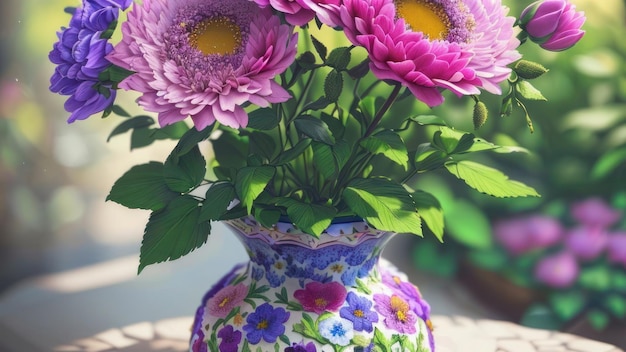 A colorful vase with purple flowers in it and the word " love " on the bottom.