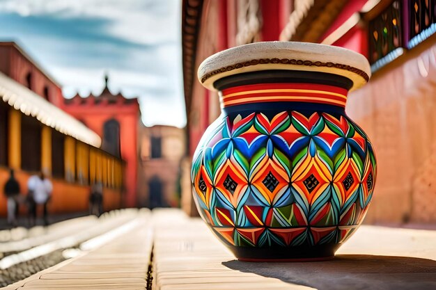 A colorful vase with a red brick building in the background.