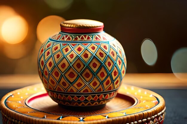 A colorful vase with a red and yellow design on the top.