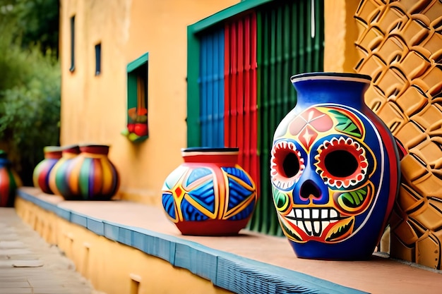 A colorful vase with a skull on it sits on a ledge.