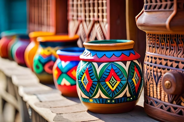 Colorful vases are lined up on a wooden ledge.