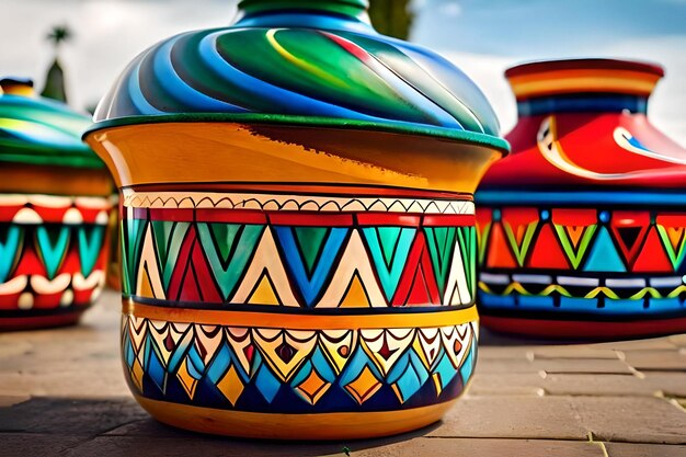 Colorful vases are lined up on a wooden surface