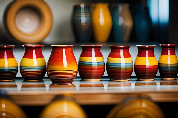 Colorful vases are on a shelf in a store